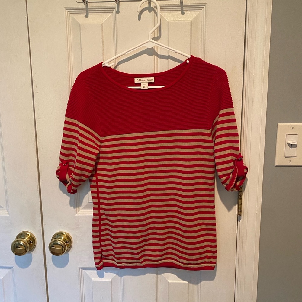 🌺 3/$10 Coldwater Creek Red and Beige/Cream Striped Top